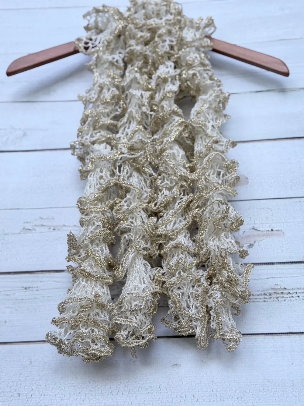 Ruffled Crochet Scarf in Cream with Gold Accent